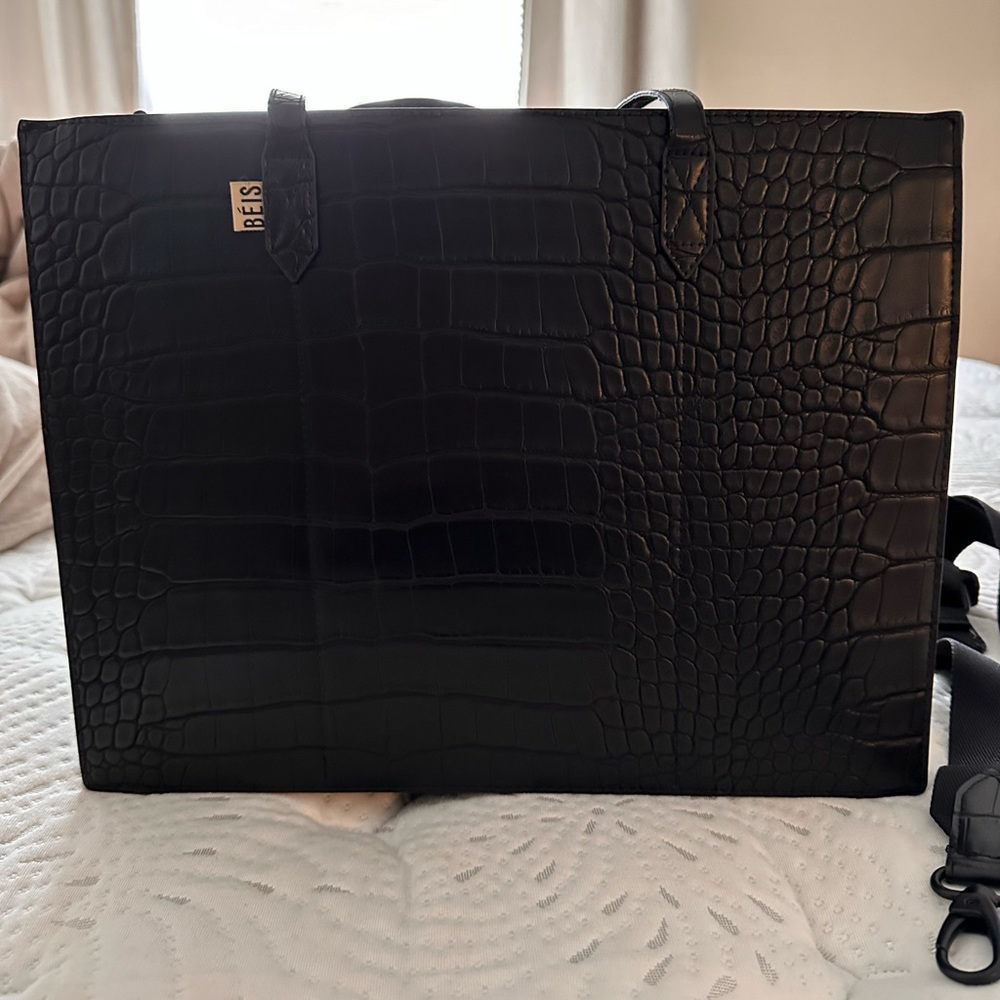 Beis Work Tote in Black Faux / Vegan Crocodile Leather